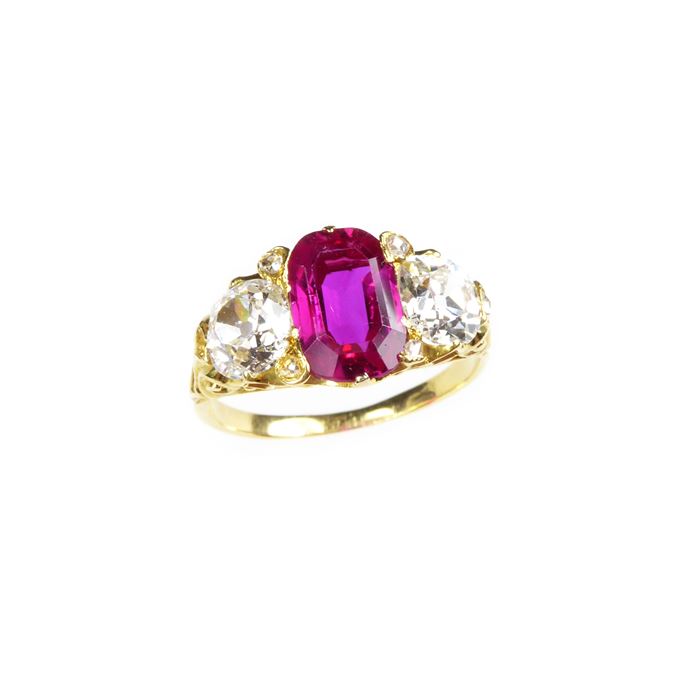 Antique ruby and diamond three stone ring, centred by an oblong cut Burma ruby | MasterArt